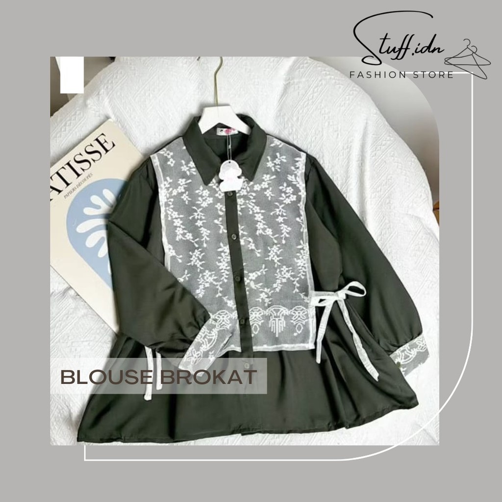 Blouse Muslimah Bordir Pita Lengan Panjang – Tunik Hitam Kombinasi Brokat Elegan