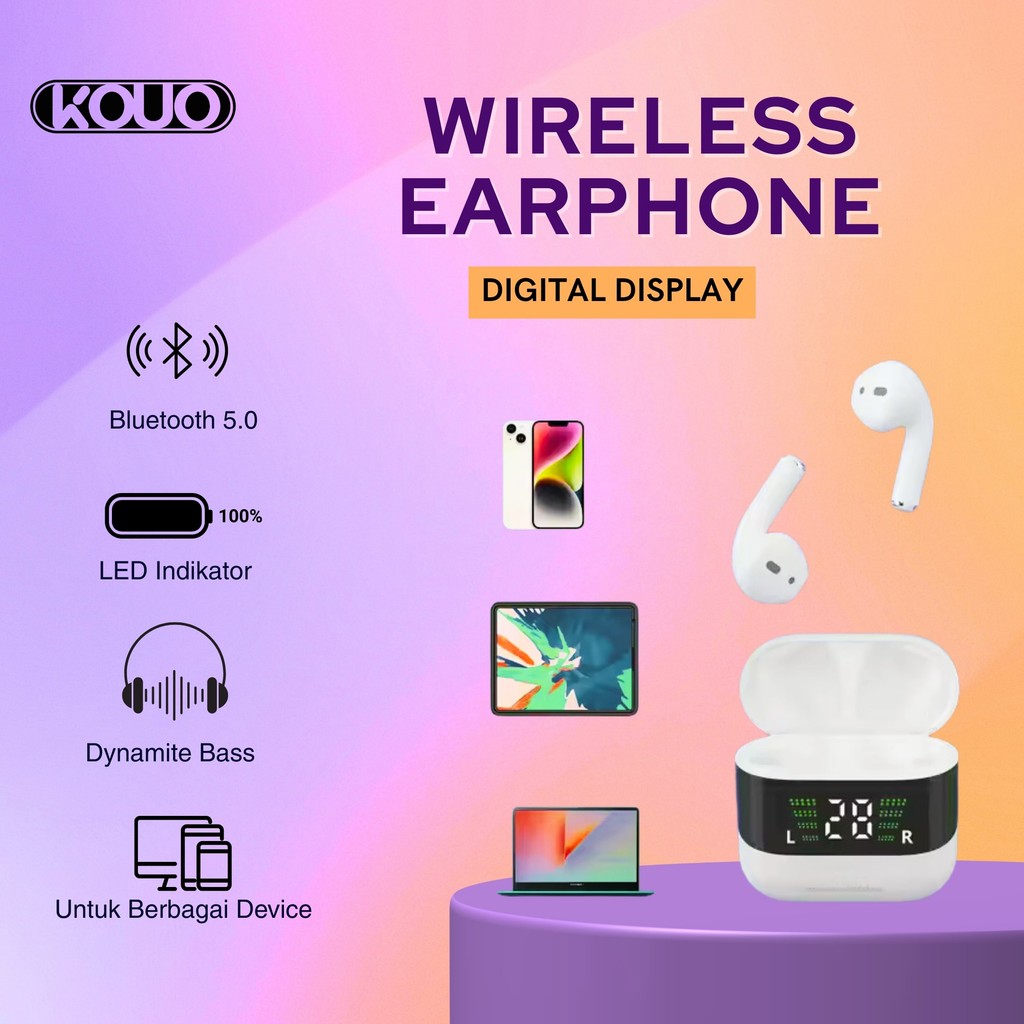 KOUO TWS-60 Wireless TWS Earphone Bluetooth Dengan Layar Digital LED Untuk Music Telepon Games Video