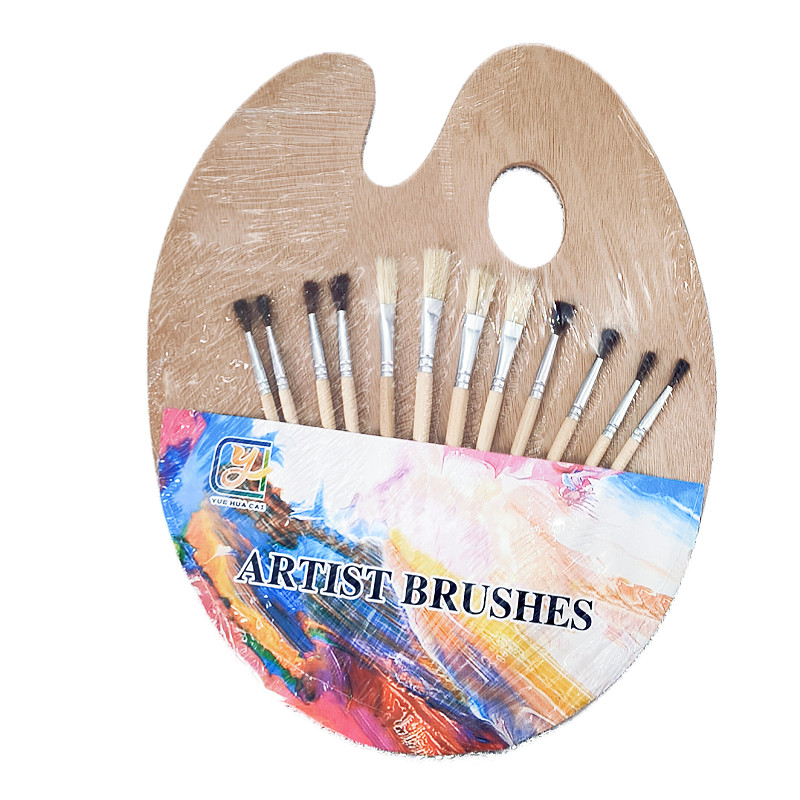

12 pig hair set paintbrush Wooden palette Oil painting Oval Wood art painting palette