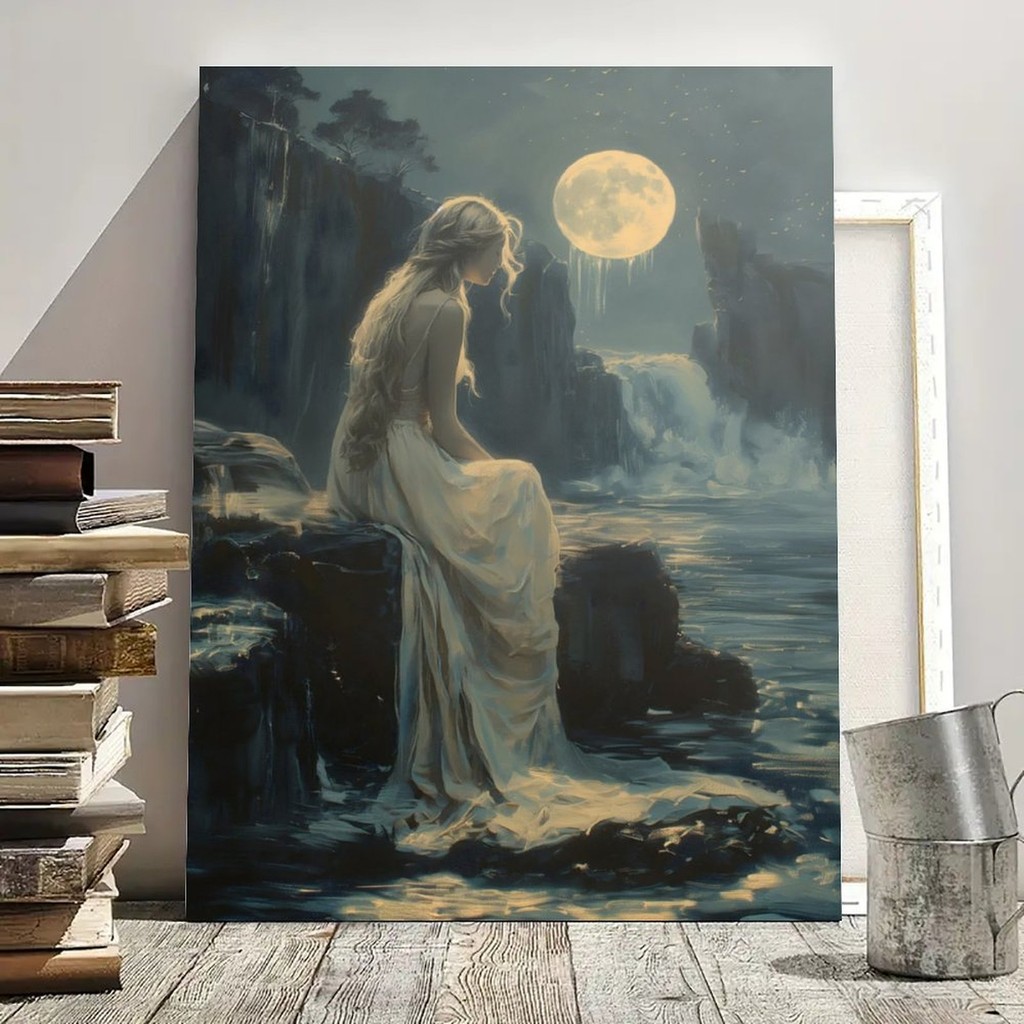

Peaceful Elegance under Moonlight-Waterfall Canvas Painting Print Art Decorative Woman Home Living Room Decor