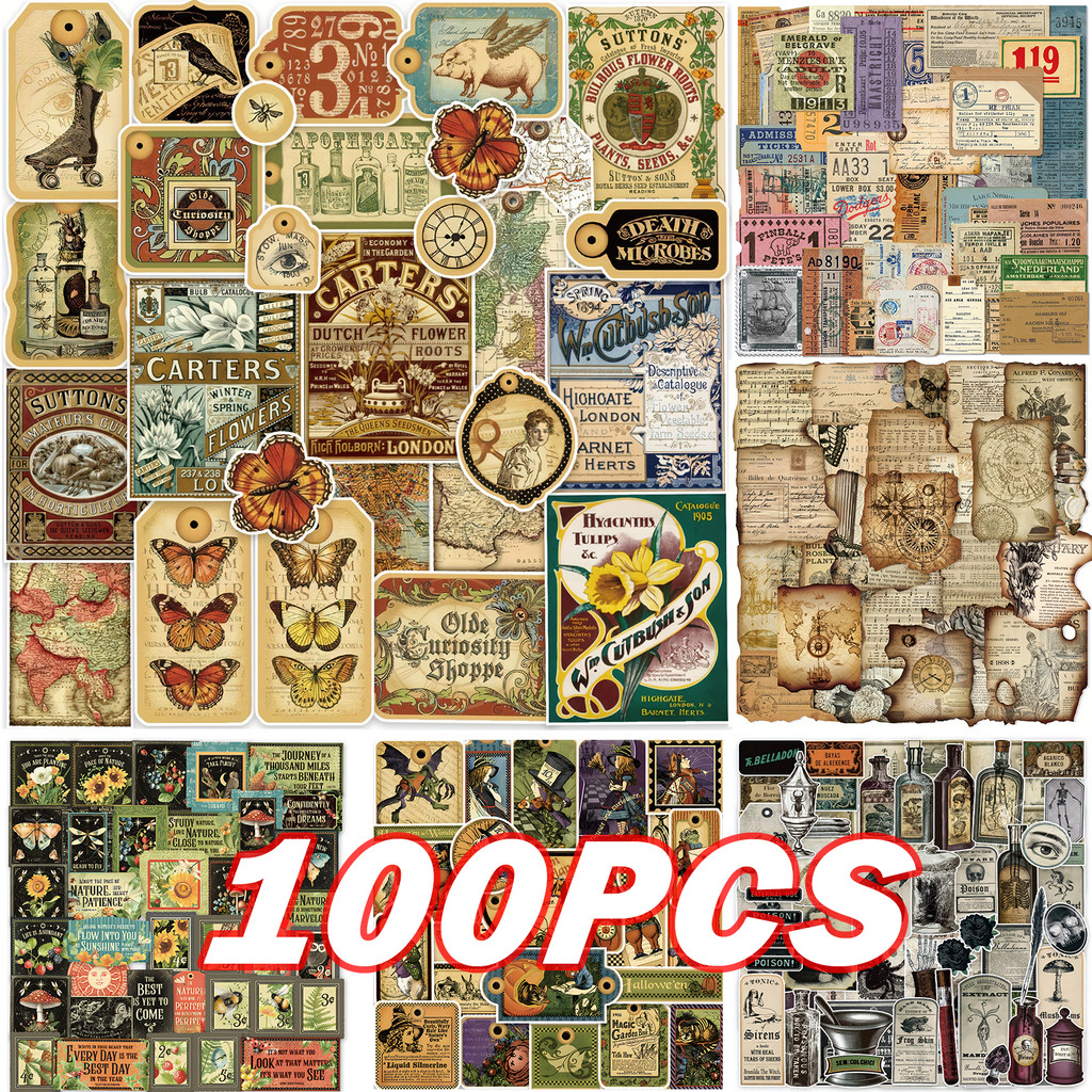 

100PCS Vintage Aesthetic Stickers Plant Map Theme Stickers For Water Bottles Junk Journal Scrapbook Laptop Phone Case Decor