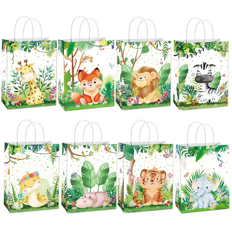 

8pcs Jungle Safari Animals Gift Bags Candy Biscuit Packing Bag Cute Baby Shower Kids Birthday Party Decor Paper Cartoon Handbag