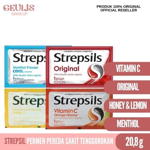 

Strepsil Permen Pelega Tennggorokan / Mengatasi Sakit Tenggorokan Original / Vitamin C / Menthol / Honey & Lemon 20,8g ( 8 Butir @ 2,6g )