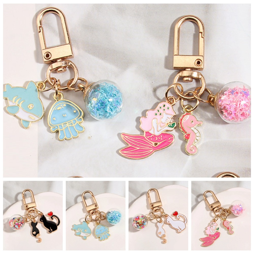 

Colorful Pendants Cat Metal Key Ring Jewelry Charms Cartoon Enamel Keychain Mermaid Metal Cat Couple Keychain Friend