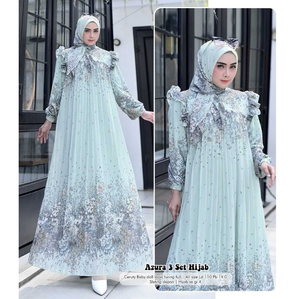 PROMO Azura 3 set hijab segi4 / Gamis dress plisket / gamis wanita kekinian / terbaru