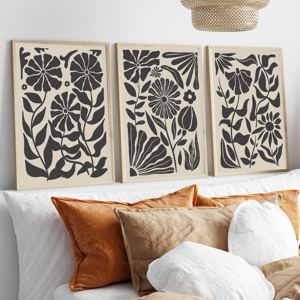 

Boho Beige Black Abstract Floral Botanical Flower Poster Print Canvas Painting Neutral Minimalist Wall Picture Home Decoration