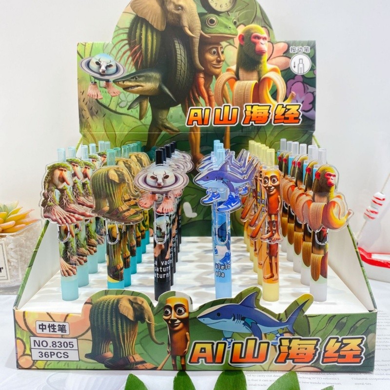 

2/6/10pcs AI Brainrot Press Pen Set 0.5mm Black Speed Dry Tungtungtung Pen Student Stationery Cartoon Tralalerotralala Blind Box