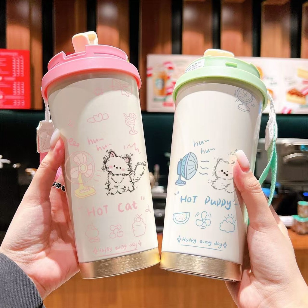 Botol Termos Stainless Steel 316 - Botol Termos Unik Aksara Mandarin "Kucing Kartun dan Beruang Keci