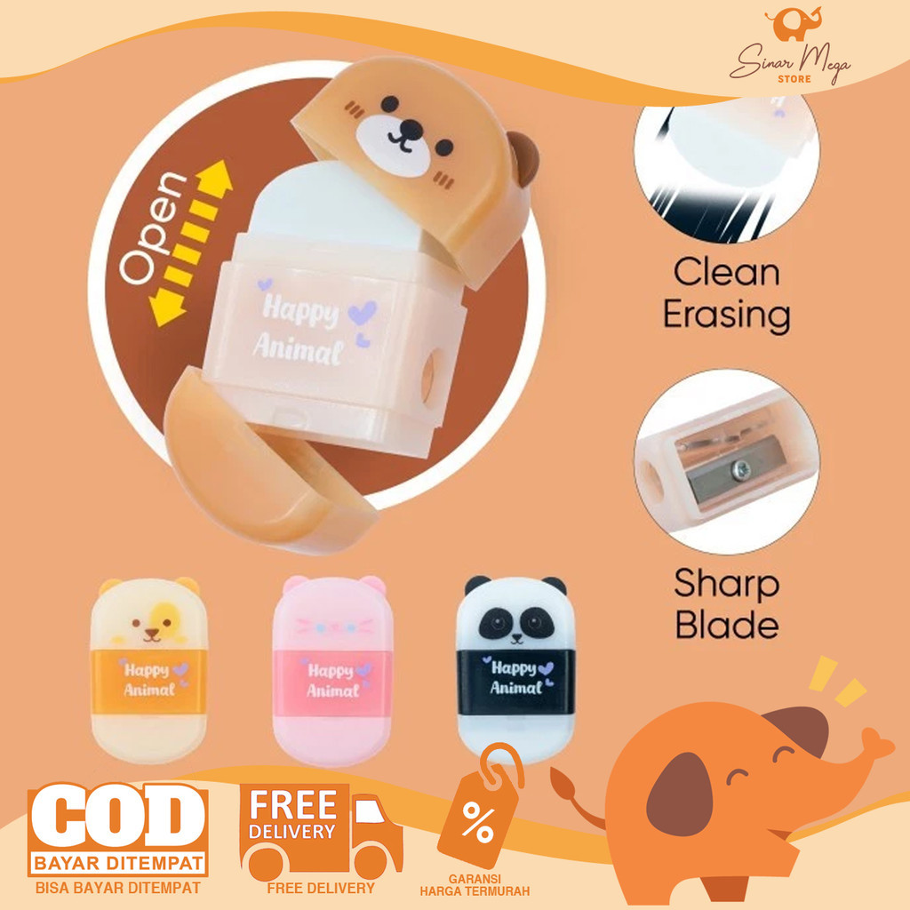 

JOYKO Sharpener + Eraser B-176 Happy Animal 2In1 - Penghapus Karet Rautan/Serutan/ Pensil Murah