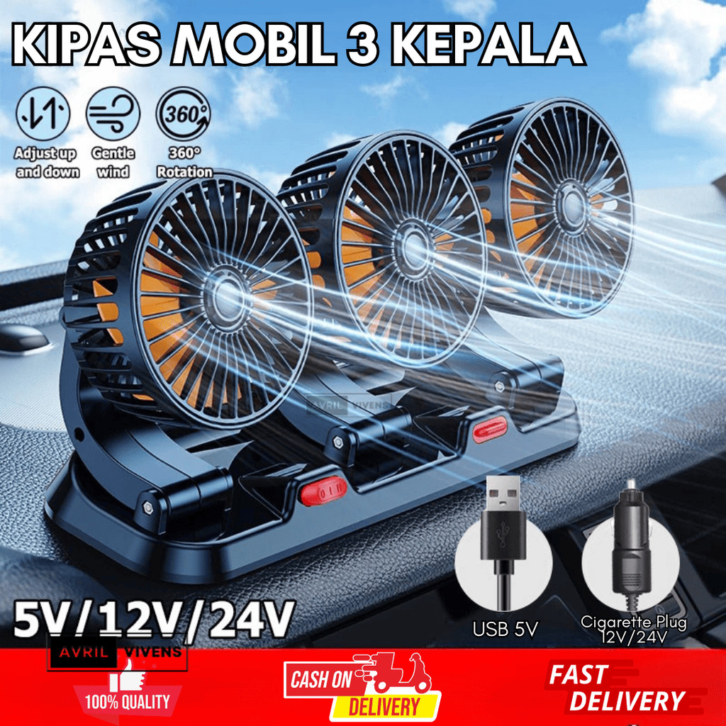 [AVV] Kipas Angin Mobil 3 Kepala 12/24V Kipas Pendingin Truck USB Dashboard Rotasi 360 Fan Car Cooli