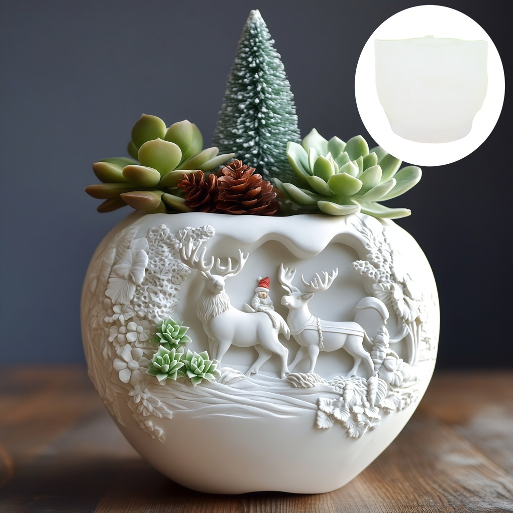 

2025 Santa Claus reindeer relief succulent plant flowerpot resin silicone mold deer candle cup gift box gypsum molds