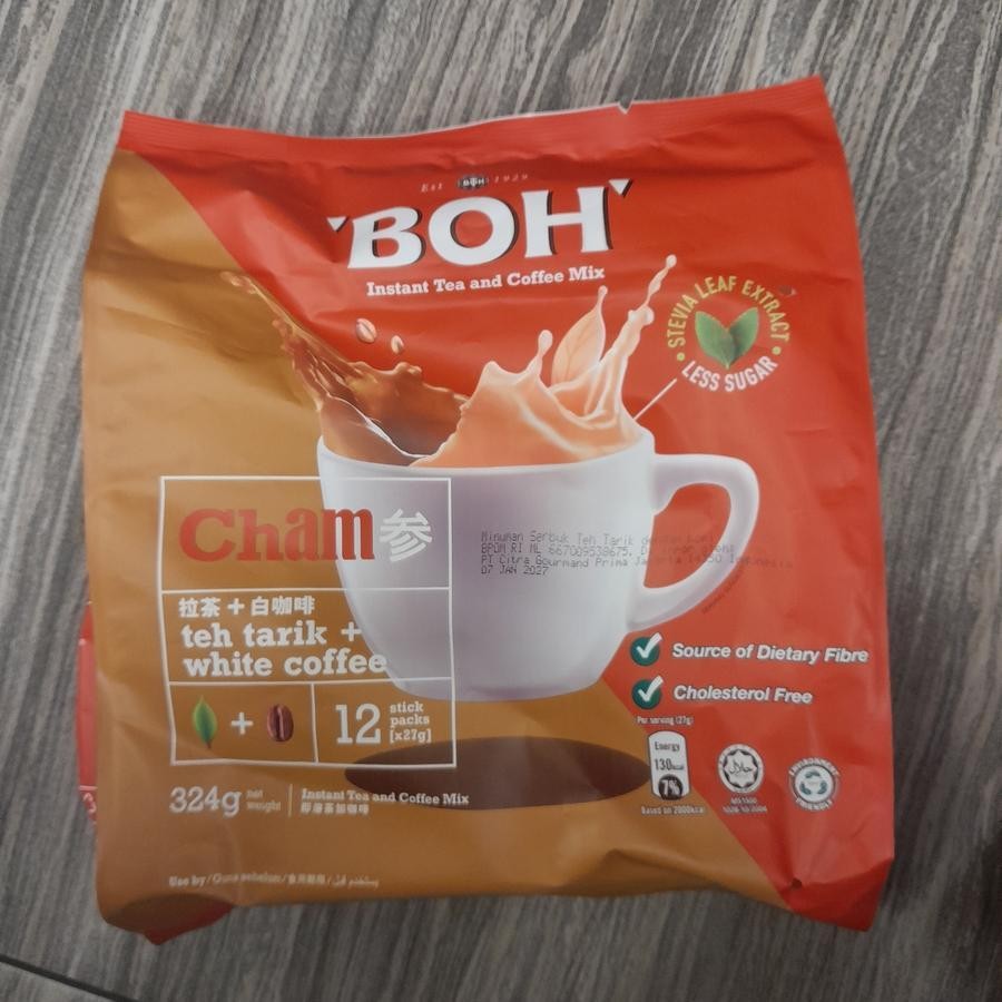 

BOH Cham Instant Tea and Coffee Mix Teh Tarik + White Coffee ( isi 12 )