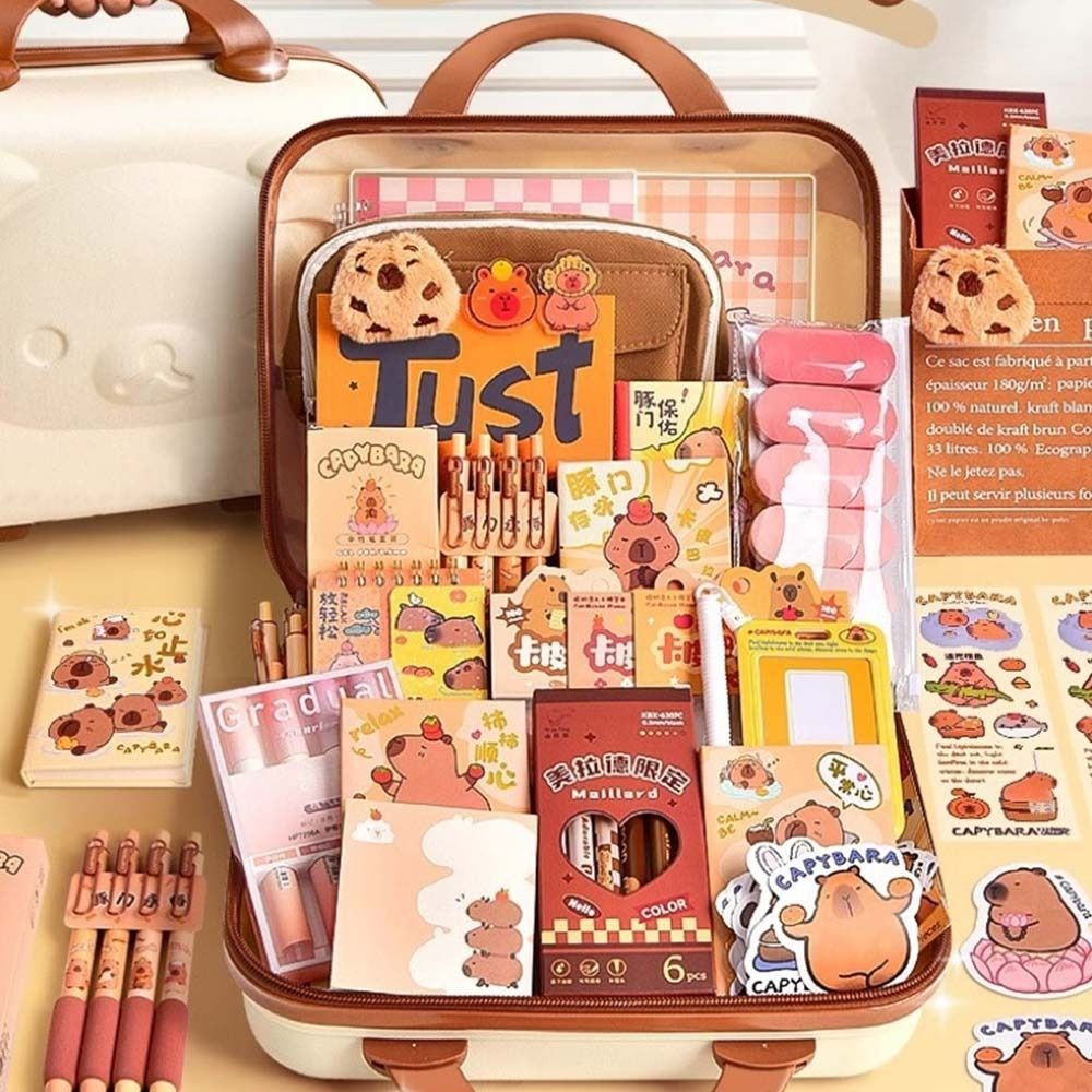 

Trendy Kawaii Capybara Stationery Set Notebook, Stickers Cute Back-to-School Supplies High-Quality Durable Gift Bag for Students