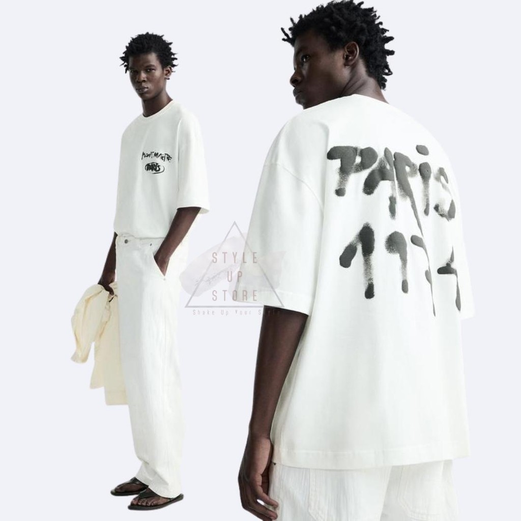 XOPIURTZY [ STYLEUPSTORE ] ZARA Tshirt Oversize BOXY FIT - Slogan Print Paris