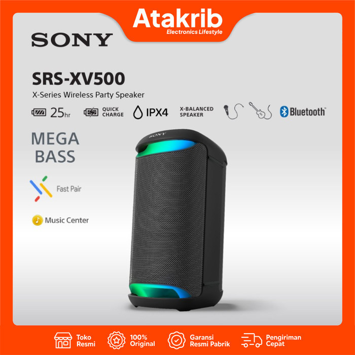 Sony SRS-XV500 Speaker Pesta Nirkabel X-Series - Hitam, 564x269x294 mm, 11.2 kg, IPX4, 55W, Bluetooth 5.2