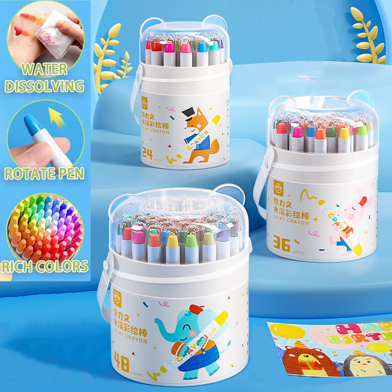 

（In Stock）Washable Silky Crayon 36 / 48 Warna Colorful Bucket Krayon Mewarnai Alat Warna Set Anak Wipe and Clean