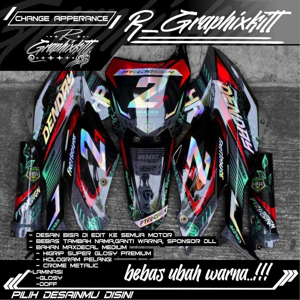 0520 sticker decal fullbody klx 150 bf kombinasi merah nyala + hologram pelangi bebas requs