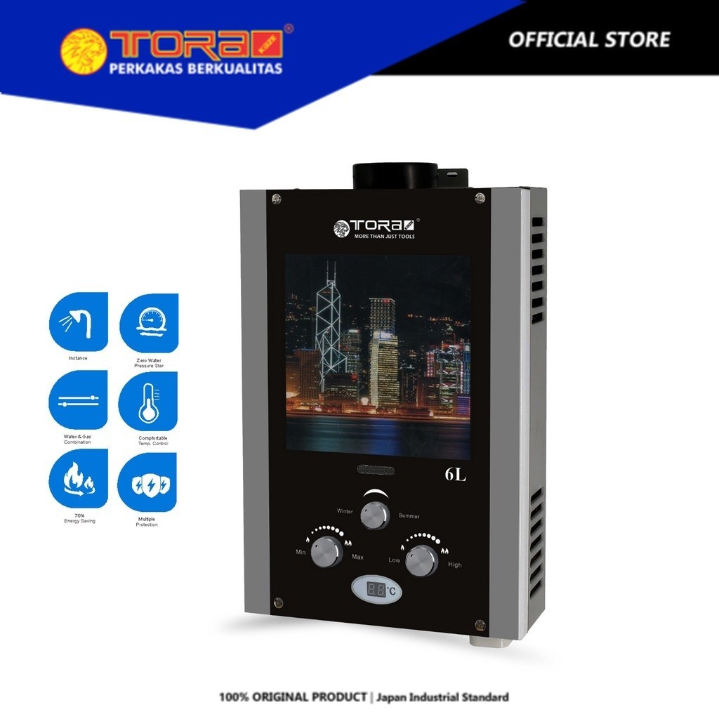 TORA Pemanas Air Digital Glass 6 Liter LPG - Gas Water Heater GWH6E