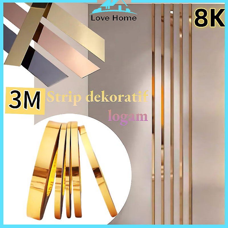 3M Strip Dekoratif Stainless Steel/ List Gold Wall Molding/Stiker Dinding Cermin/Stiker Cermin Diri/