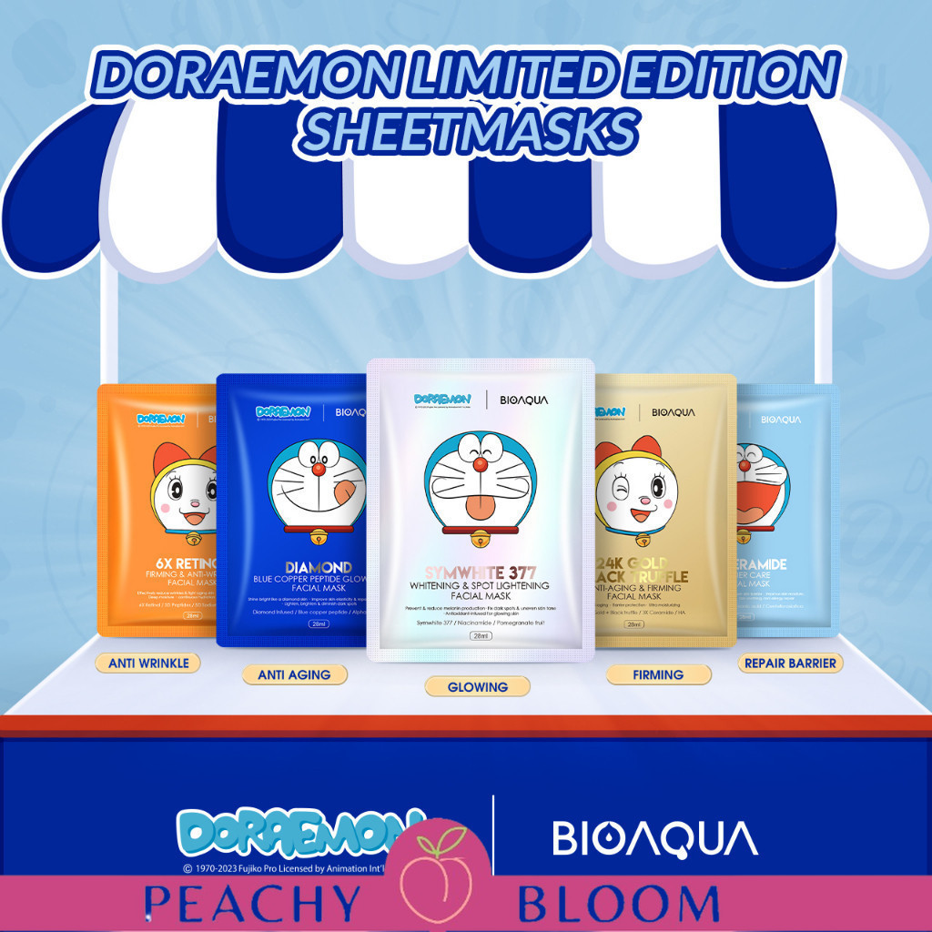ORIGINAL BIOAQUA xDORAEMON Sheet Mask BPOM 28ML Diamond Blue Copper Peptide Glowing / 24K Gold Black