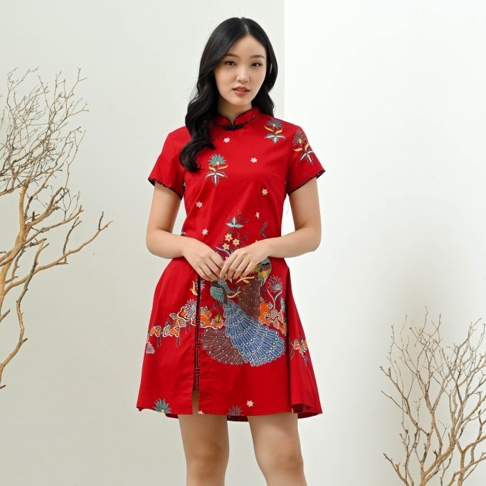 Dress Batik Wanita Model Cheongsam / Baju Couple Keluarga Imlek Merah -