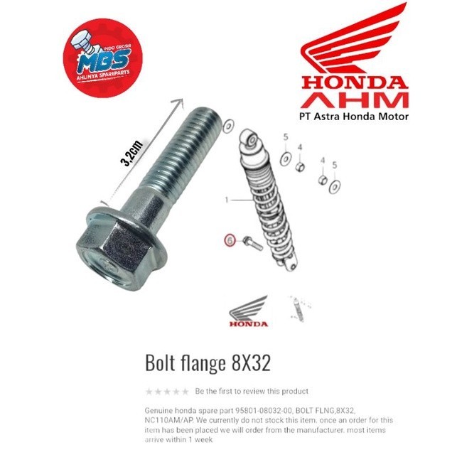 

Grosir BOLT FLANGE M8 × 32 mm 95801-08032-00 BAUT SHOK BELAKANG HONDA PCX ADV VARIO. BAUT SHOKBLEKR PANKANG 3,2cm KUNCI 12 ORI