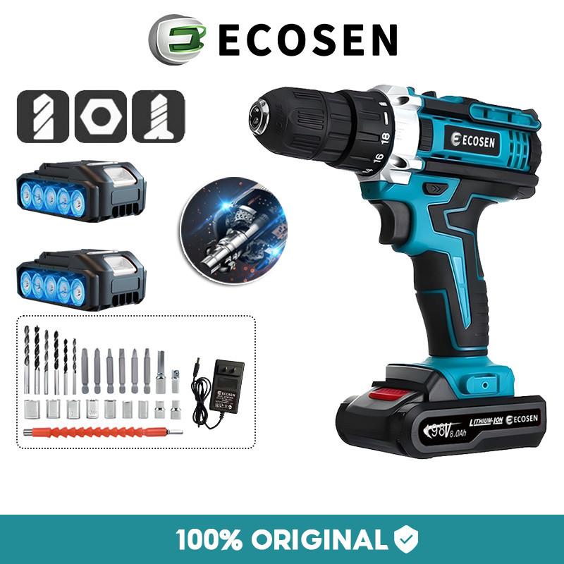 HK84V ECOSEN 198V Mesin Bor Baterai Tangan Cordless Drill Battery Bor Cordless Power Drills Kit 2 Ba