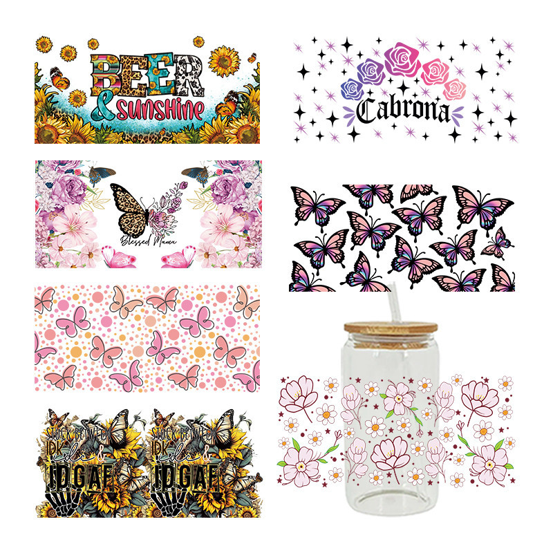 

Beautiful Butterfly Flowers 3D UV DTF Transfer Stickers Libbey Cup Wrap Iron For Glass 16oz