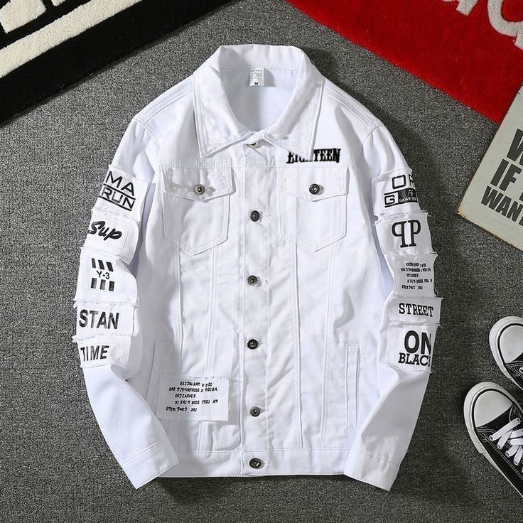 Promo- NOTHING NAME Jaket jeans pria denim tebal keren putih motif bordir emblem atasan unisex cowok