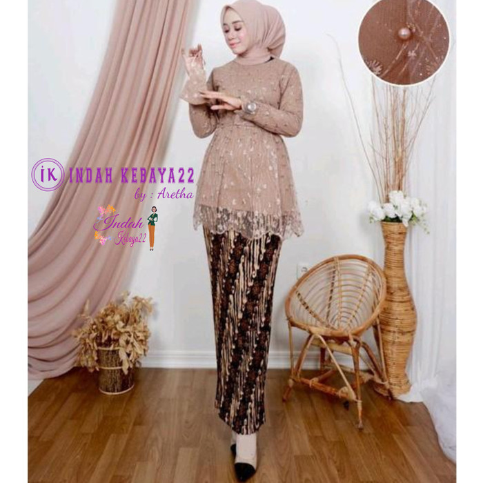 ✨TERLARIS✨ -Kebaya Modern Hijab Tile Bordir Mutiara Setelan Kebaya Wisuda - mocca, KEBAYA SAJA M