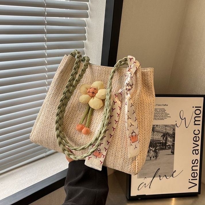 Tote Bag Fashion Canvas Totes Straw Flower Portable Beach Shoulder Shopping Casual Beach Bag Large C