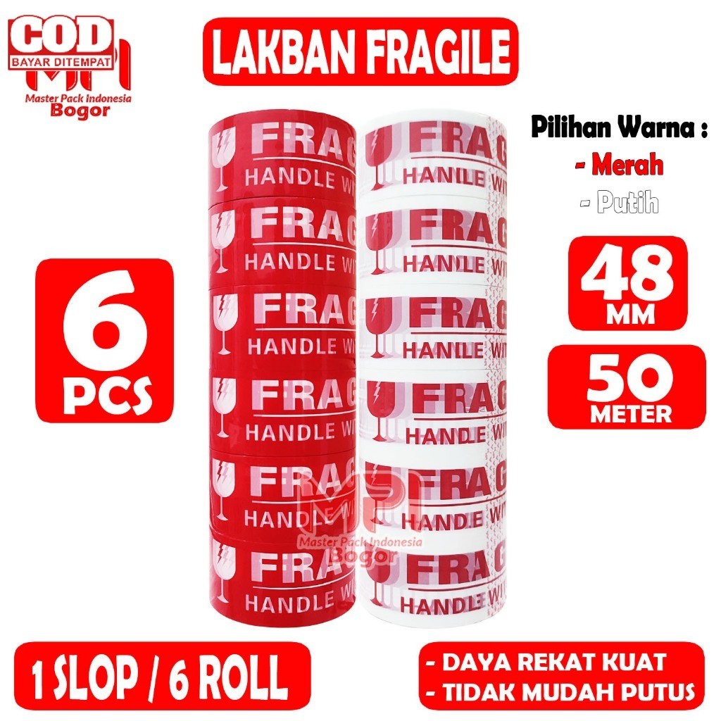 

1 SLOP [ 6 PCS ] - Lakban Fragile Merah - Fragile Putih 48 mm x 50 yard - Jangan Di Banting - MPI
