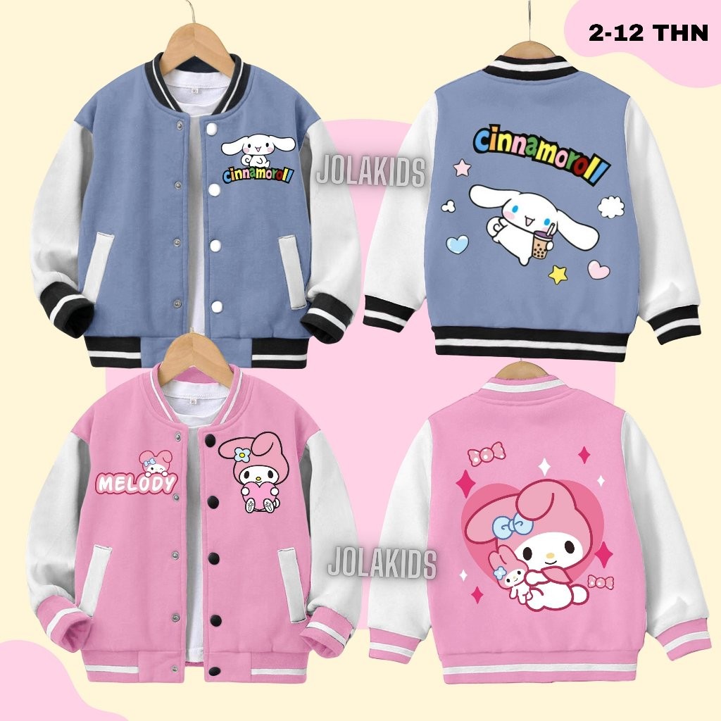Jaket Baseball Anak Perempuan Laki Laki Cinnamoroll & Melody 2 - 12Tahun Jacket Varsity Anak Premium