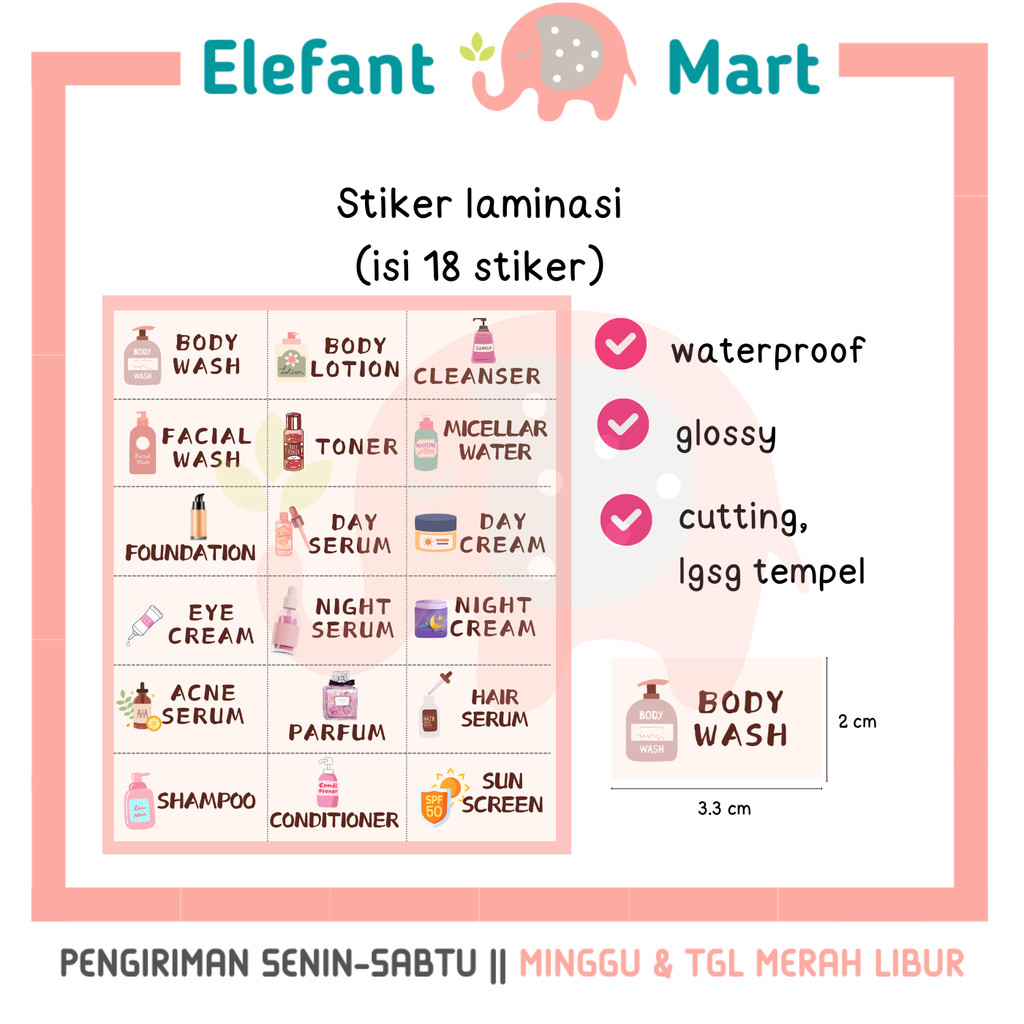 

ELEFANT 18pcs Label Sticker Botol Wadah Skincare Makeup Travel Aesthetic Cutting Waterproof Tahan Air