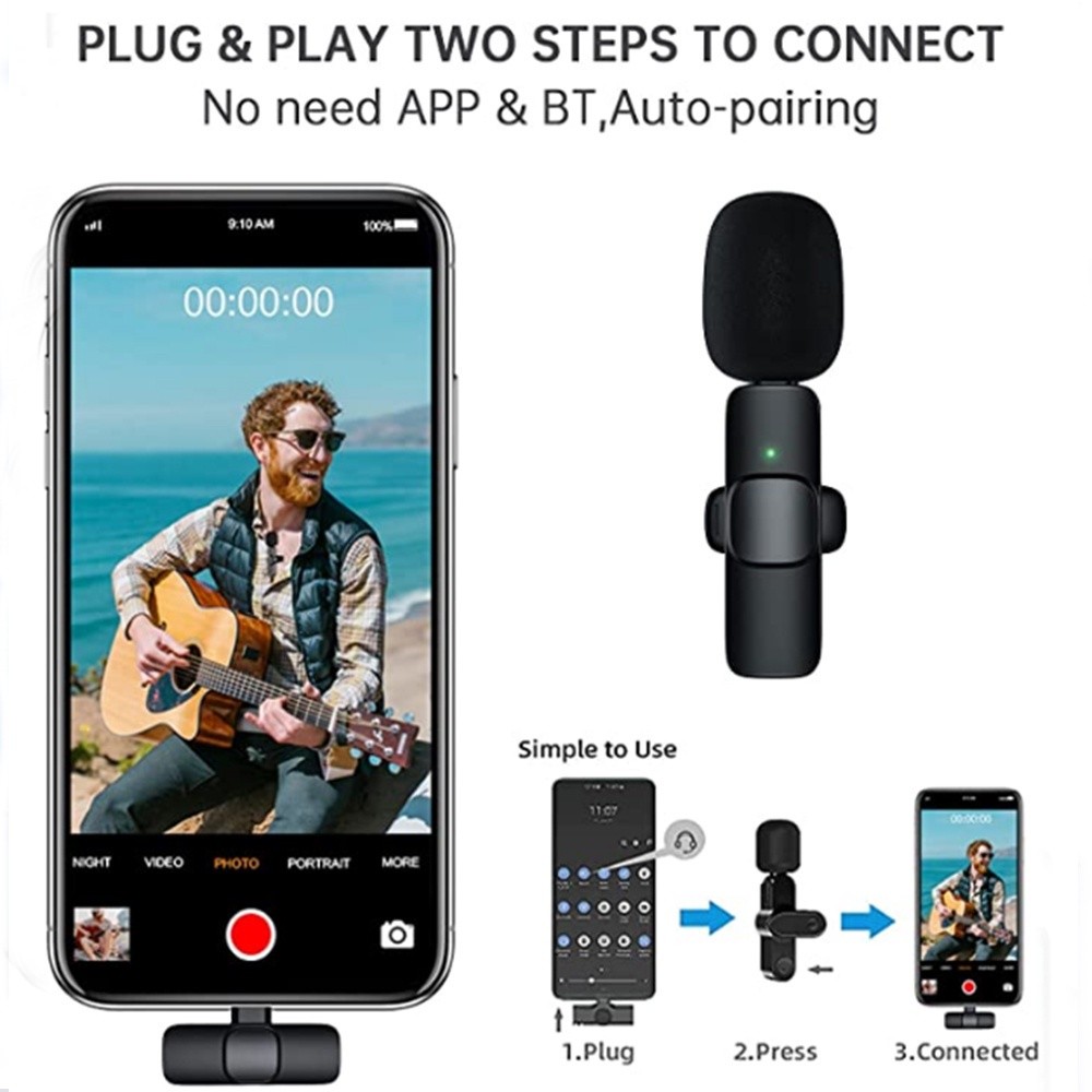 Clip On Wireless Mic Wireless HP Lavalier Microphone Portable Mic Untuk Kamera Vlog Youtuber Audio V