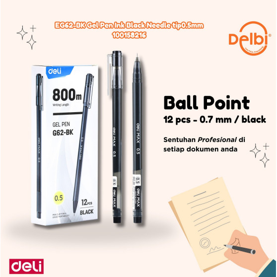 

PULPEN BALLPOINT GEL PEN FULL INK DELI MAX 0.5 MM UJUNG LANCIP NEDDLE TIP HITAM BIRU EG62-BK Gel Pen Ink Black Needle tip0.5mm