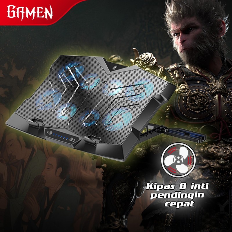 GAMEN Cooling Pad Laptop Gaming Kipas 5 Inti 3000 RPM GCP100 Black Myth Wukong 6 Tingkat Kecepatan A