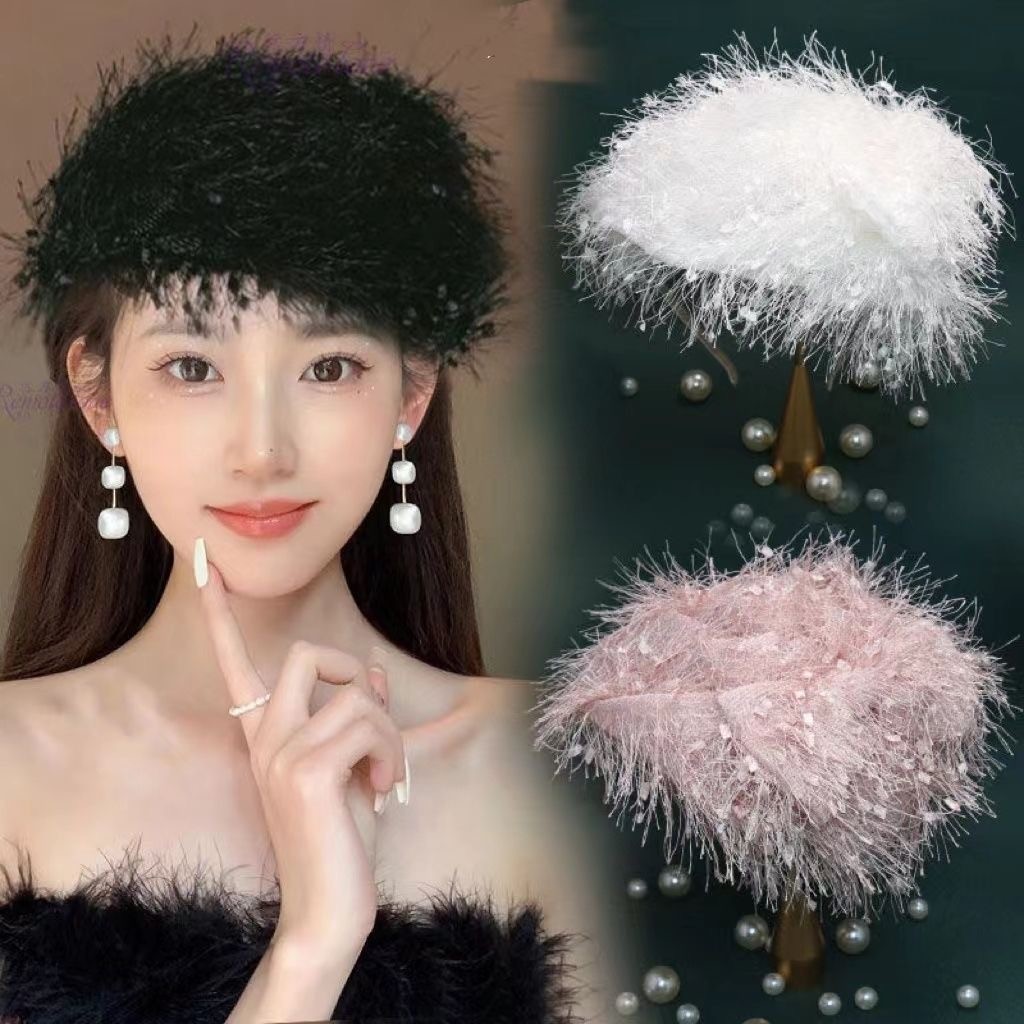 Topi Bando Kecil Retro Populer Bando Rumbai Trendi/Topi Pita Jepit Rambut/Aksesori Rambut Berbulu Pe