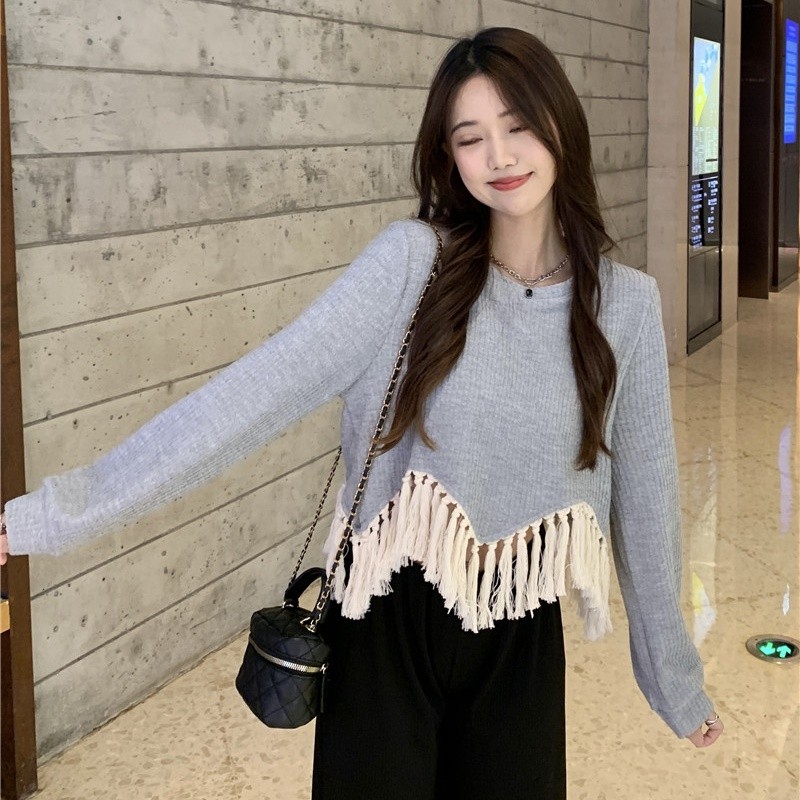 Sweater Pendek Sweater Rumbai Putih Retro Gaya Korea Atasan Lengan Panjang Wanita
