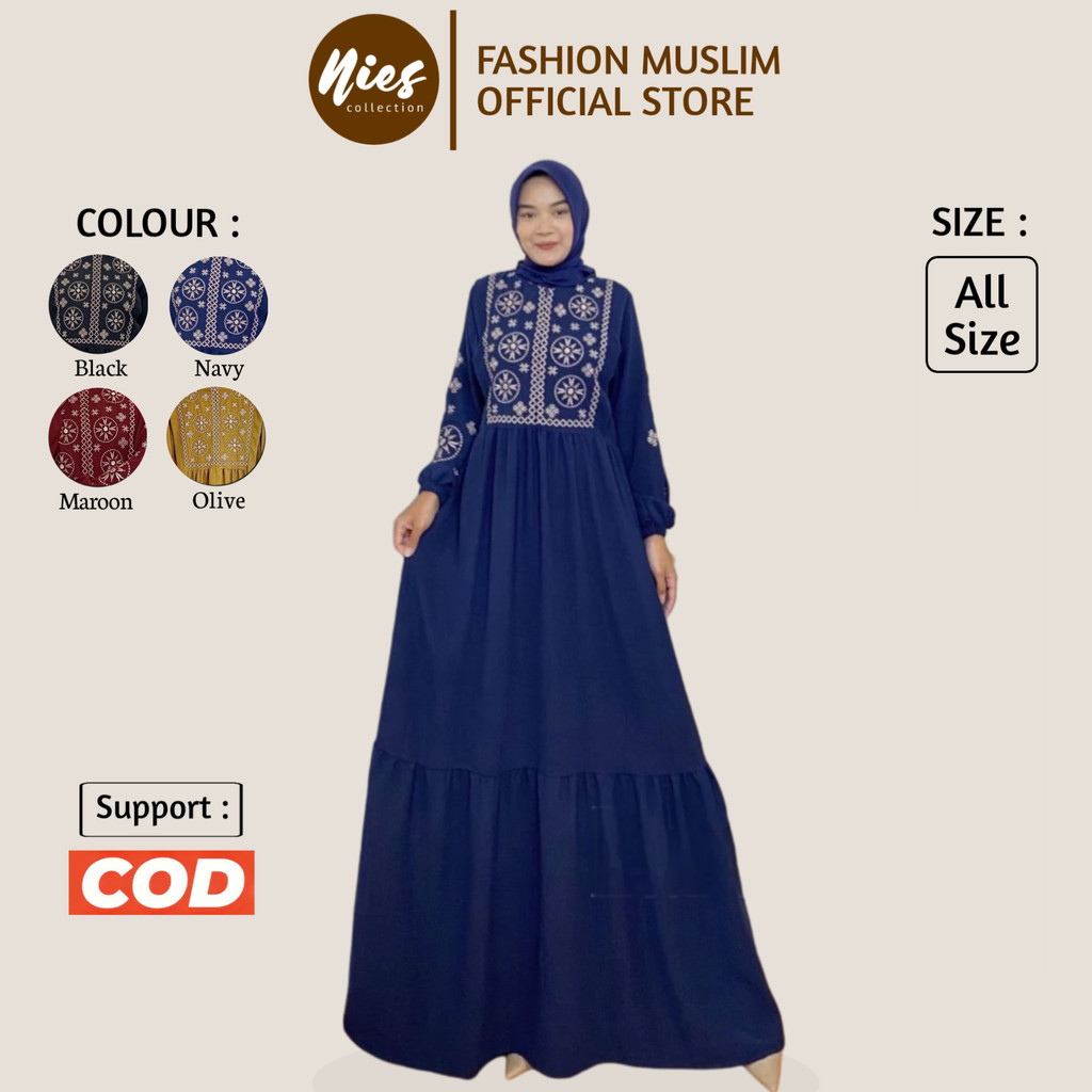 Larie Maxi Gamis Bordir LD 110 Bahan Cey Crinkle Airflow Premium