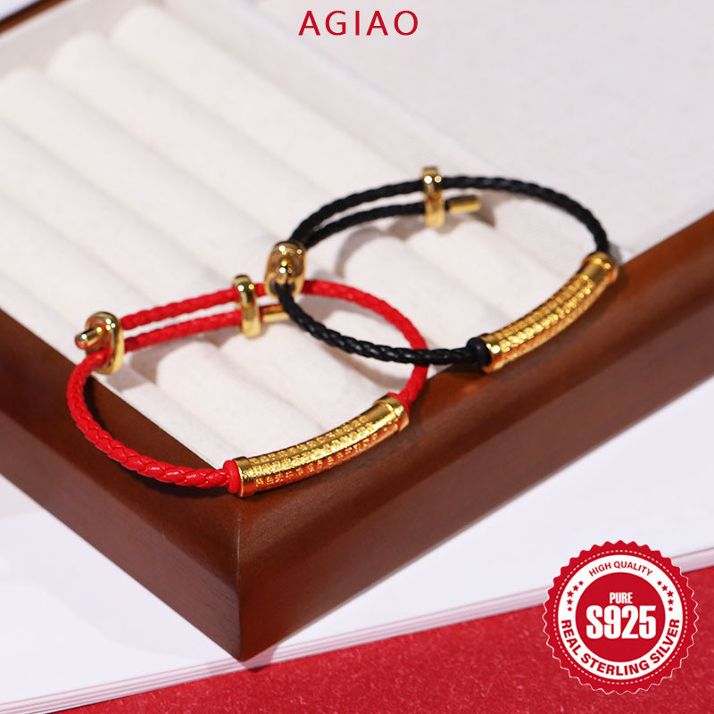 AGIAO Gelang Pasangan Prajna Heart Sutra Tabung Bengkok Pria dan Wanita Gelang Tali Kulit Lebar