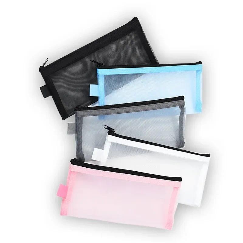 

1 Piece Mesh Simplicity Solid Color Pencil Case Nylon Durable Transparent Pen Bag Large Capacity Stationery Case School Supplies