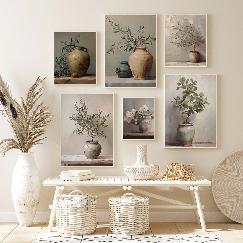

Retro Old -fashioned Oil Painting Plants Vases Poster Canvas Painting And Prints For Living Room Bedroom Wall Art Home Decor