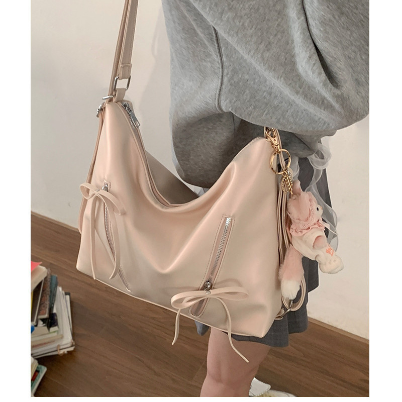 Tas Bahu Kulit Wanita, Tas Tote, Tas Punggung PU, Hiasan Pita, Tas Selempang Berkapasitas Besar