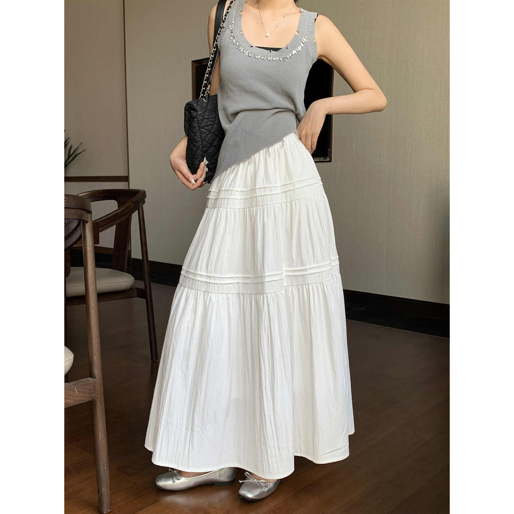 Qlioo Rok A-line Putih Gaya Korea Rok Panjang Pinggang Tinggi Wanita Rok Wanita Terbaru Rok Wanita P