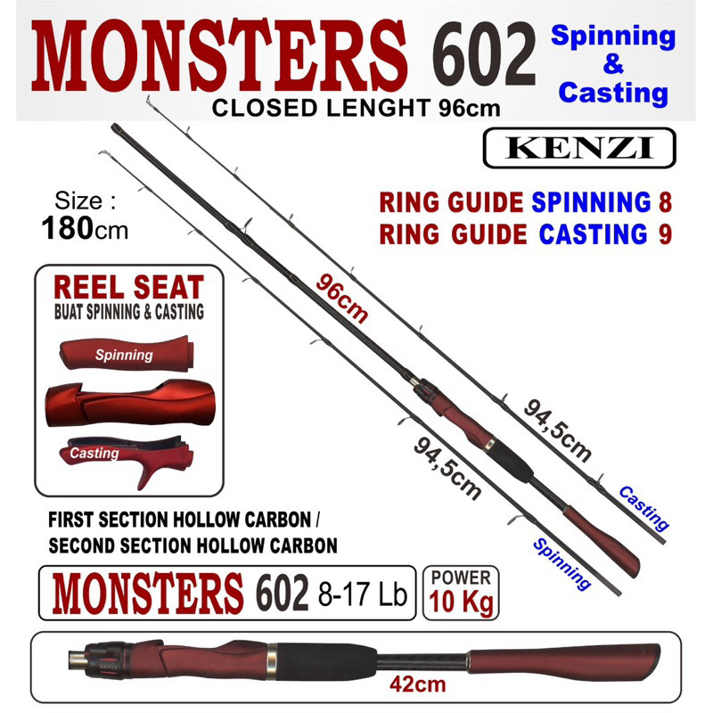 JORAN KENZI MONSTERS 602 702 SPINNING BAITCASTING Hollow Carbon Casting SPIN OH 8-17lbs HX