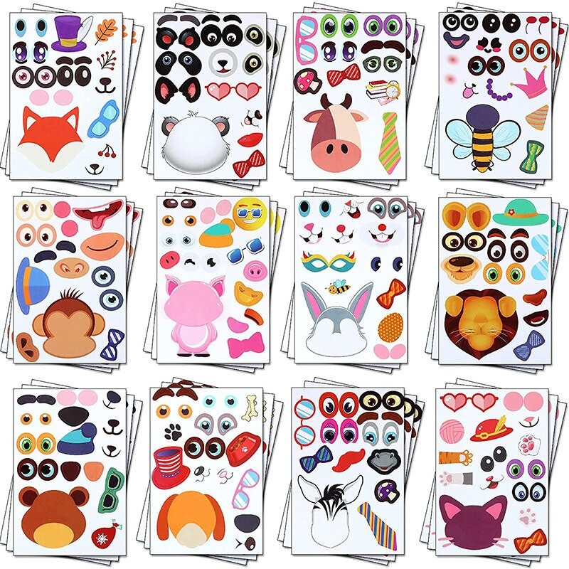

12Sheets Children DIY Puzzle Sticker Games 12 Animals Face Funny Assemble Jigsaw Stickers Kids Educational Toys Boys Girls Gifts