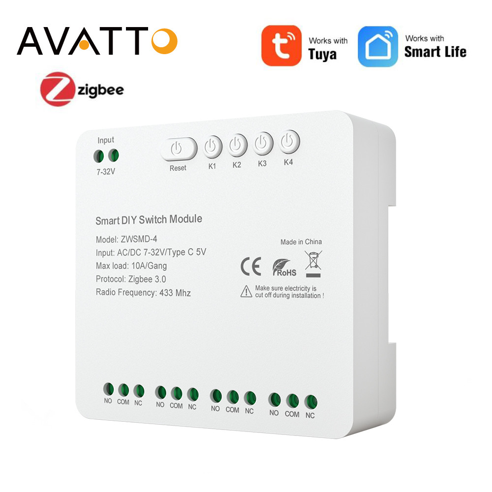 AVATTO Tuya Zigbee Relay 4 Channel  Smart Switch Module APP Remote Control Wireless Radio RF433 Rela