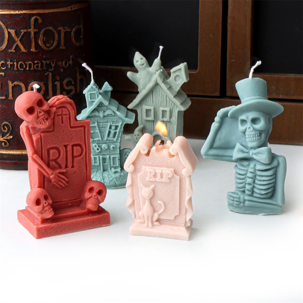 

Halloween Skull Candle Mold 3D Haunted House Statues Resin Casting Craft Silicone Molds DIY Skull Tombstone Halloween Decor Mold