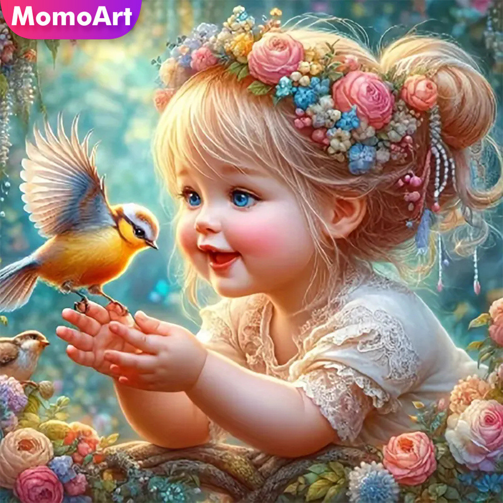 

Momoart 5D Diamond Embroidery Girl Portrait Full Square Round Painting Bird DIY Picture Rhinestones Mosaic Kid Handicraft